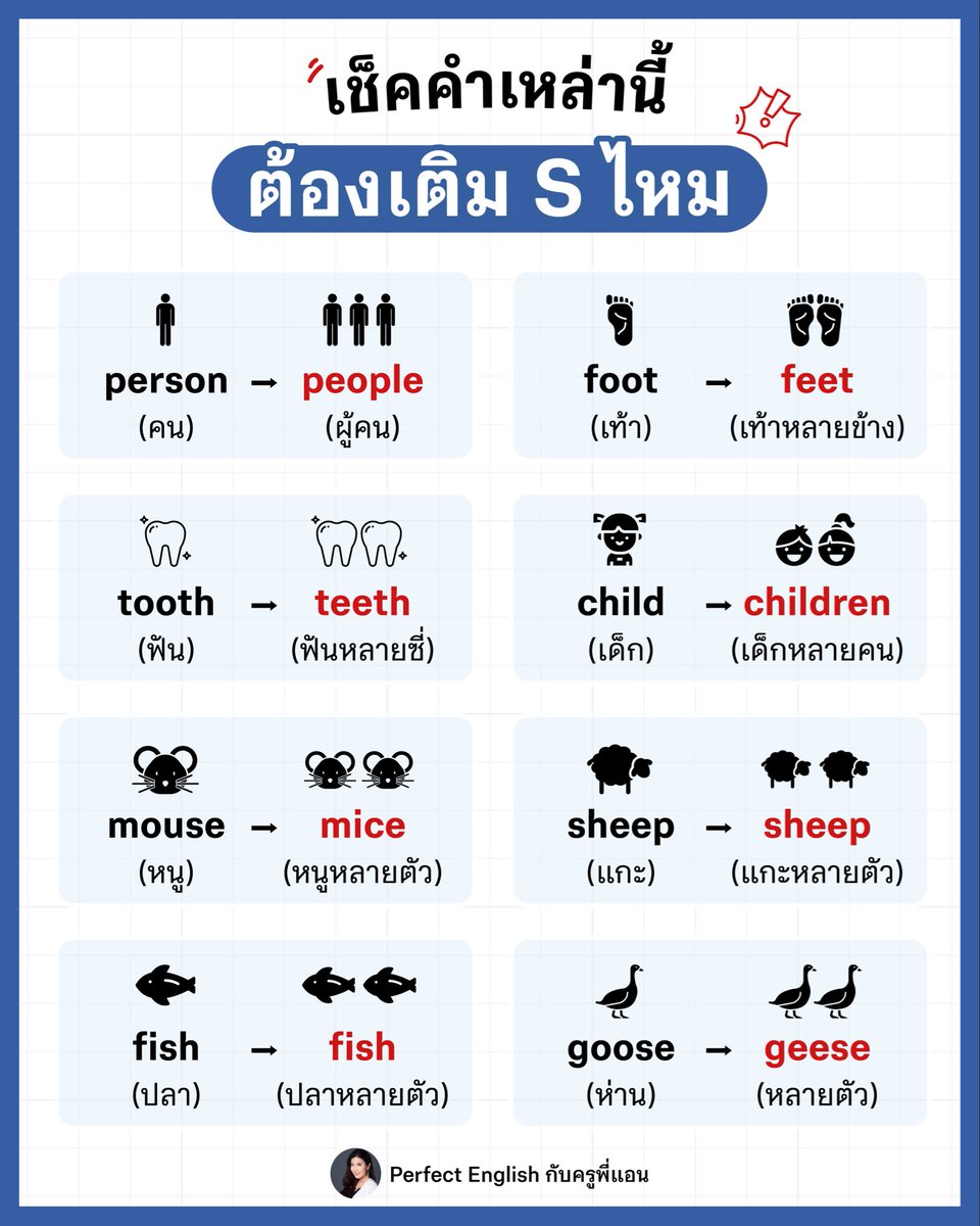 📌 เช็กคำเหล่านี้ ต้องเติม S ไหม 🤔
หลายคนเติม S ทุกคำ เพราะคิดว่าพหูพจน์ต้องลงท้ายแบบนั้น แต่จริง ๆ แล้ว…บางคำเติมแล้ว “ผิดเต็ม ๆ” 😱

#ครูพี่แอน #krupann #onlineenglish #เรียนภาษาอังกฤษ #คำศัพท์ภาษาอังกฤษ #s