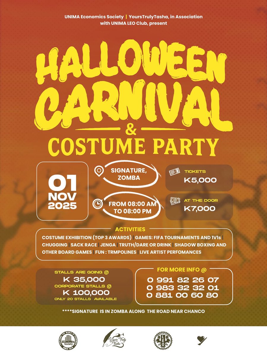 ChancoEcoSoc's tweet photo. Costumes on. Energy up. Vibes only. 🧡
Join us this 1st November for the Halloween Carnival &amp; Costume Party at Signature, Zomba 👻
#UNIMAEconomicsSociety #Halloween2025 #ZombaEvents https://t.co/9KQpjYlzma
