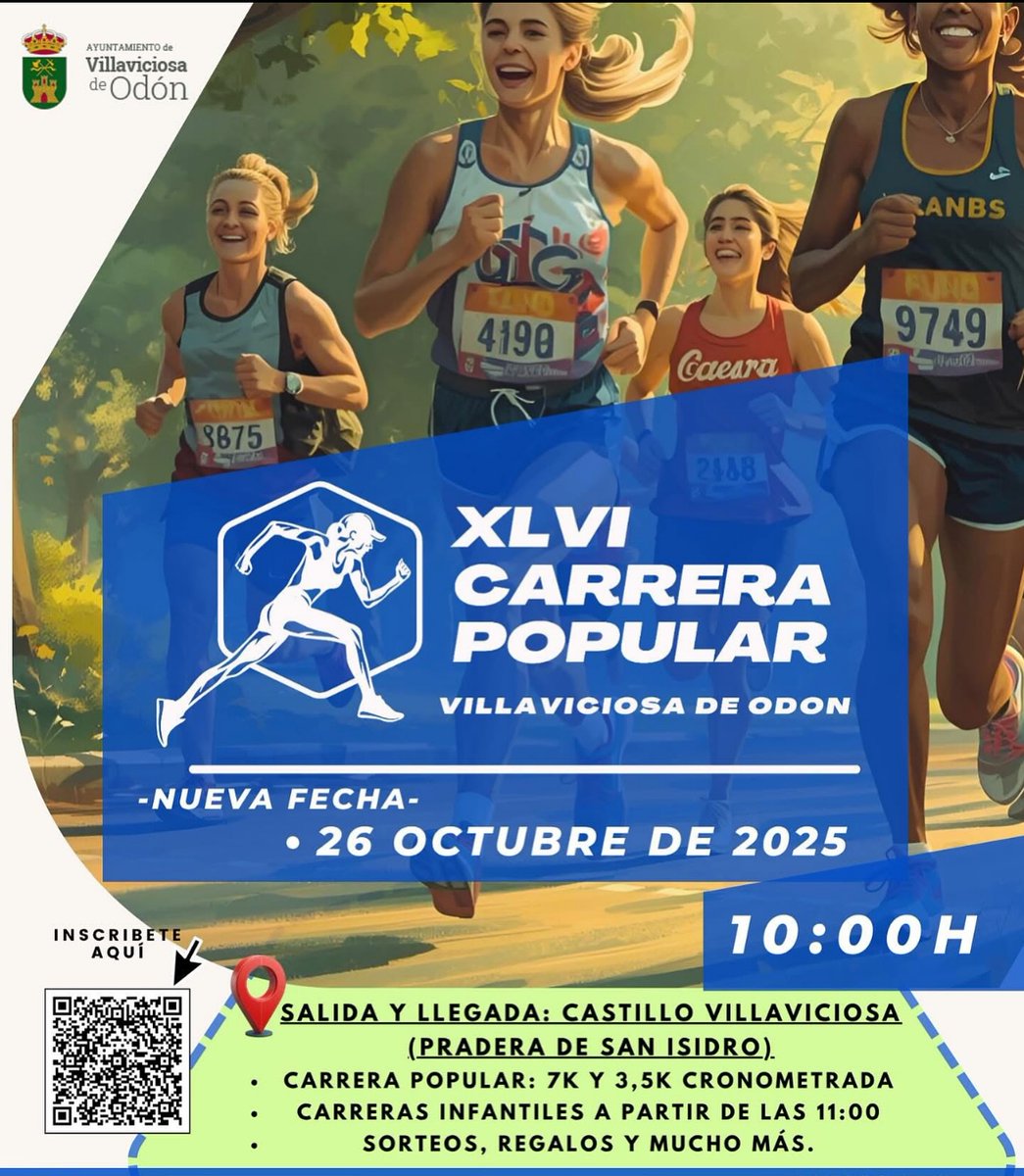 XLVI CARRERA POPULAR DE VILLAVICIOSA DE ODÓN
Nueva fecha de celebración: domingo 26 de octubre.
Las inscripciones online vuelven a estar abiertas: acortar.link/JxO6fE