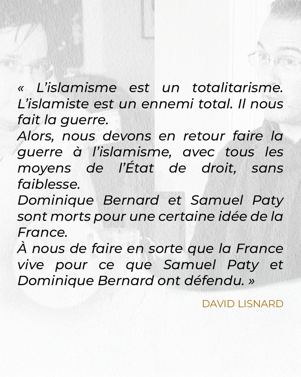 « Dominique Bernard et Samuel Paty sont morts pour une certaine idée de la France. À nous de faire en sorte que la France vive pour ce que Samuel Paty et Dominique Bernard ont défendu. »

Retrouvez la tribune de <a href="/davidlisnard/">David Lisnard</a> en hommage à Samuel Paty et Dominique Bernard