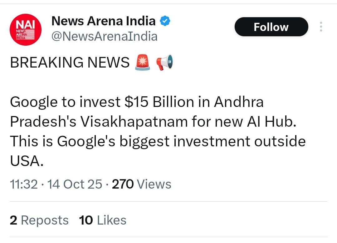 A billion hopes meet global innovation. The Google AI Hub in Andhra Pradesh symbolizes India’s digital confidence and CM Naidu’s visionary leadership. #GoogleComesToAP