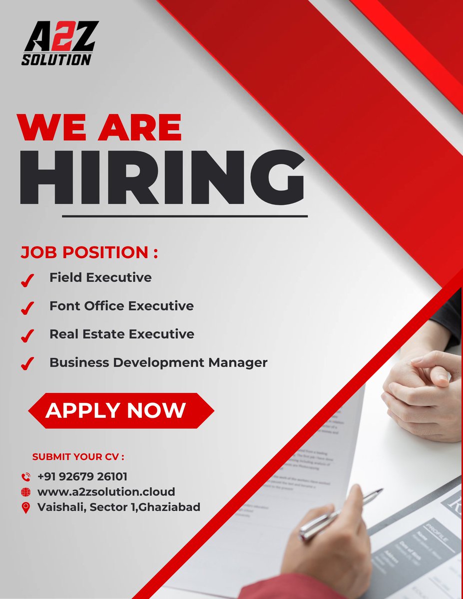SunderBhati01's tweet image. Open Positions:

Field Executive
Front Office Executive
Real Estate Executive
Business Development Manager

💼 Kickstart your career with A2Z Solution – Your Ultimate Placement Partner!

#A2ZSolution #HiringNow #JobOpportunity #CareerGrowth #FieldExecutive #FrontOfficeExecutive