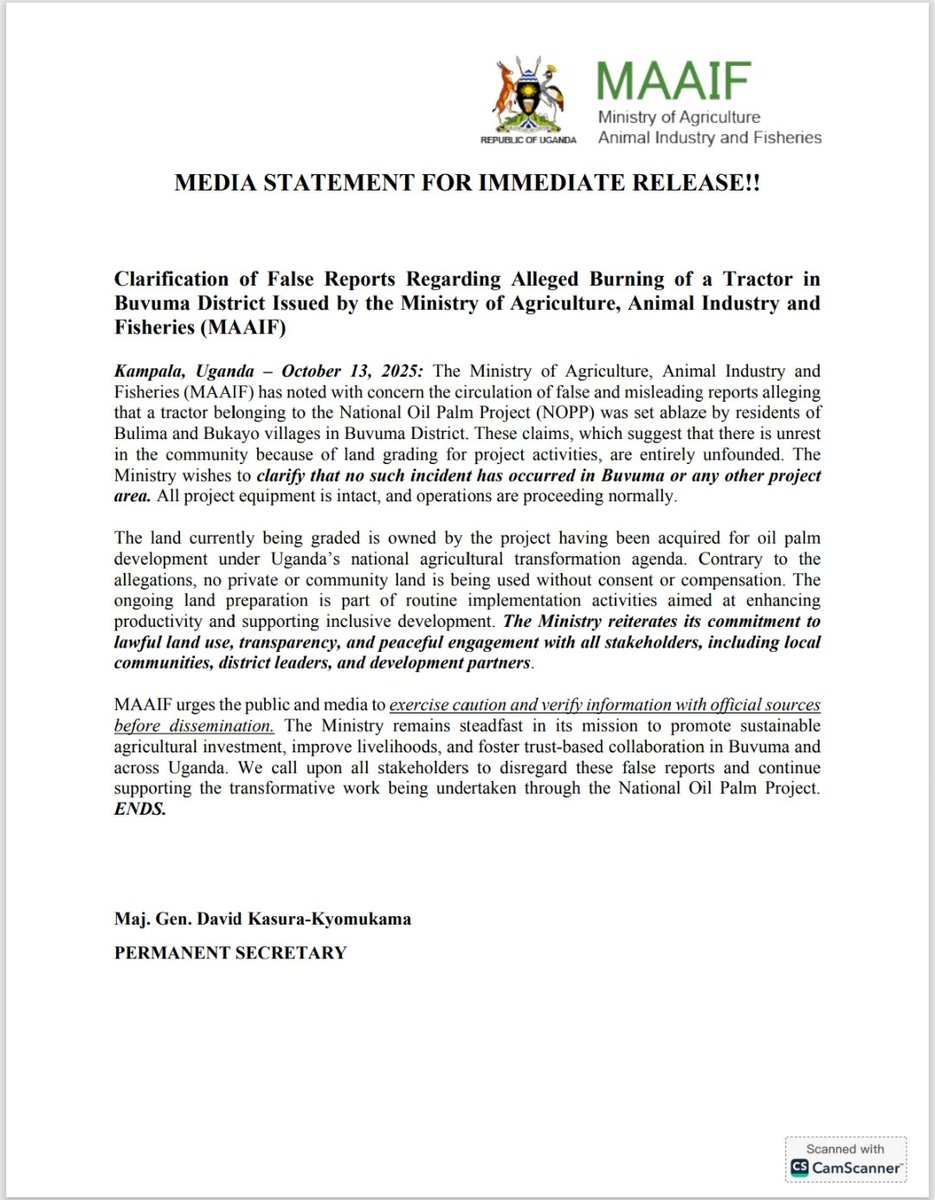 Clarification on false reports regarding alleged burning of a tractor in Buvuma District issued by the Ministry of Agriculture, Animal Industry and Fisheries.

Statement also available online via the following link: agriculture.go.ug/2025/10/13/cla…