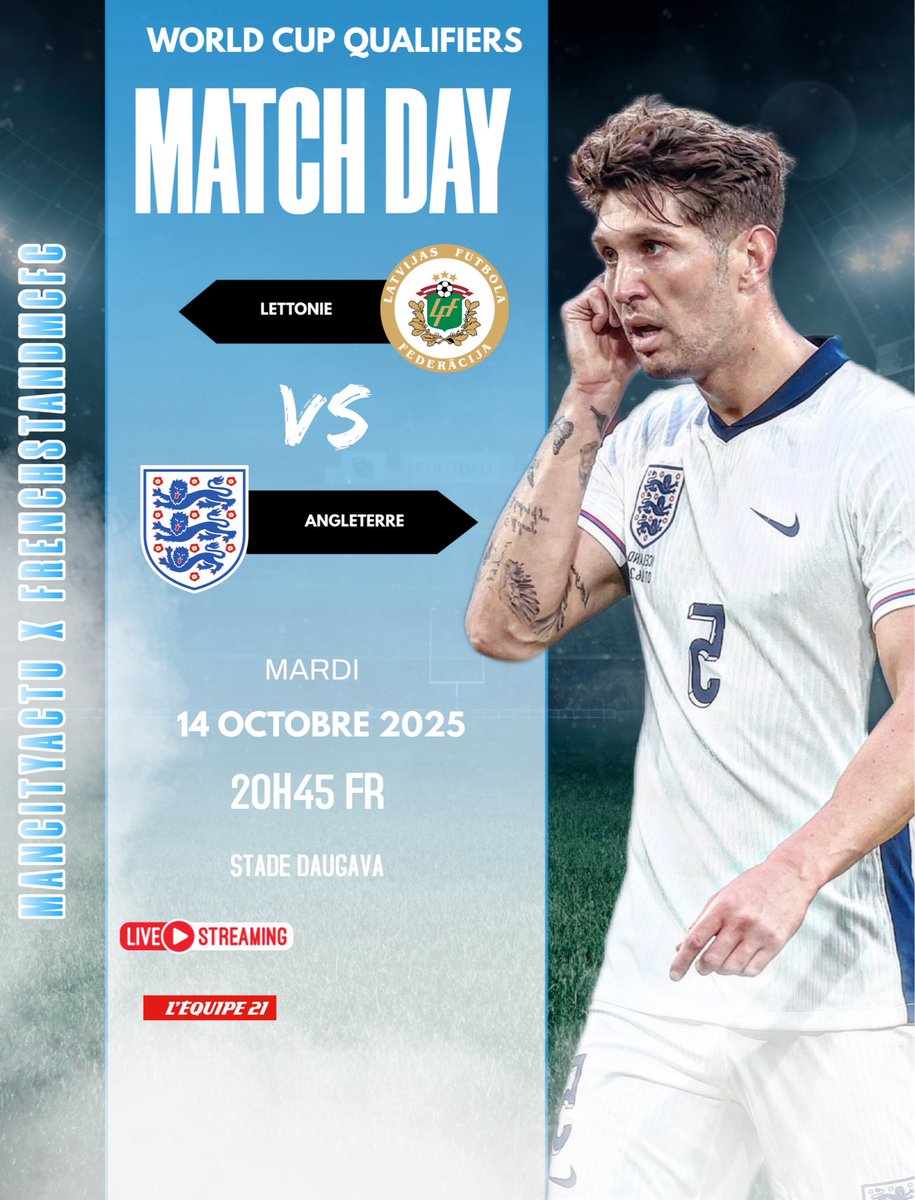 🏴󠁧󠁢󠁥󠁮󠁧󠁿 Jour de match pour John Stones, Nico O’Reilly et James Trafford !!!

🆚 Lettonie
🏆 Qualification pour la CDM 2026, 8ème journée 
⏰ 20H45 FR
🏟️ Stade Daugava

Bonne chance à nos cracks Anglais !!! 💪🤍