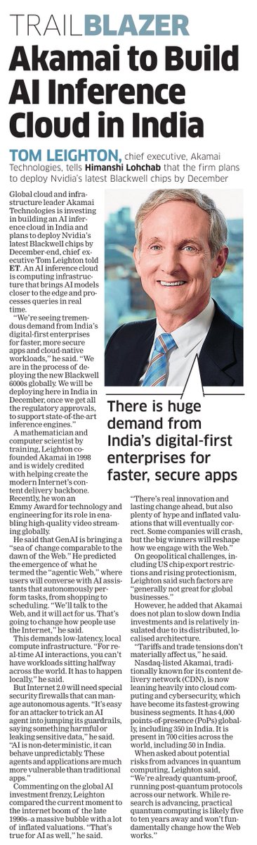 Spoke with the visionary mathematician, scientist who has many accolades to his name, including the recent Emmy Award for Technology. Tom Leighton, CEO, Akamai Technologies said markets will correct, AI bubble will burst, but those who win will reshape how we engage with the Web.