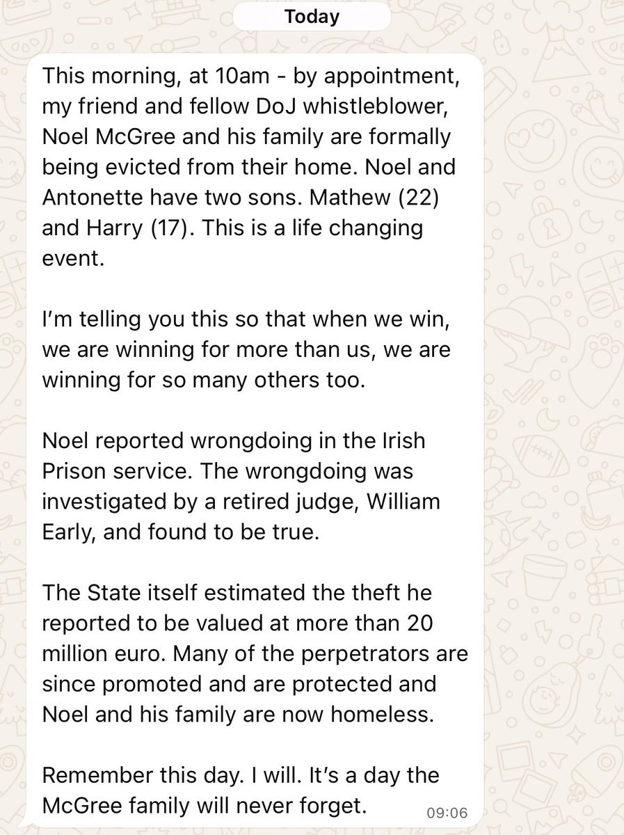Received message this morning about the plight of Noel McGree and his family. The message is from a very well known whistleblower under the Department of Justice. Please retweet 🙏