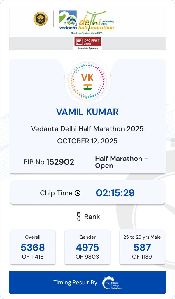 vamil_kumar's tweet photo. Check out My Timing Results at Vedanta Delhi Half Marathon 2025!

https://t.co/hasQClTGH3

- Timed by STS https://t.co/4htKh7qYf8