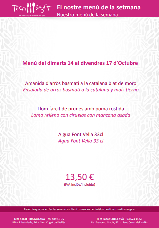 🚨🚨Ja tenim el nostre menú setmanal!   

Ja pots consultar el menú setmanal i els plats que trobaràs a les nostres botigues:     
👉Amanida d'arròs basmati a la catalana blat de moro
👉Llom farcit de prunes amb poma rostida

Vine i emporta't el teu menú: tecasabat.com/pdf/Menus.pdf