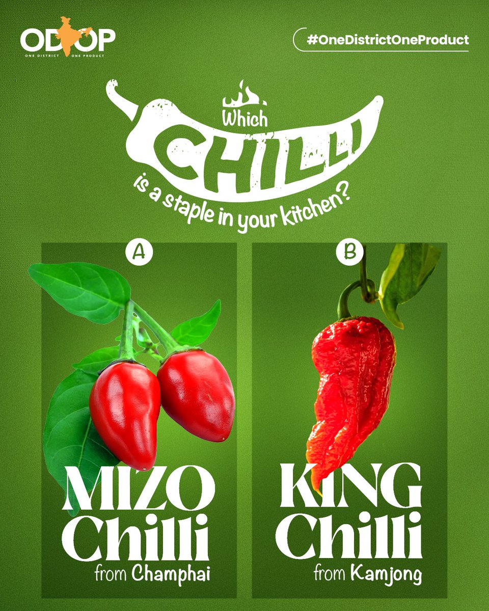 ODOP_IND's tweet image. Are you a true #spice lover?🌶️ Let us know which #chilli will you pick to turn up the heat in your kitchen?🔥
Drop your choice in the comments.👇
Explore more: tinyurl.com/II-ODOP
#InvestIndia #ODOP #OneDistrictOneProduct #Mizoram #Manipur #ODOPGame #Chillies #IndianSpices