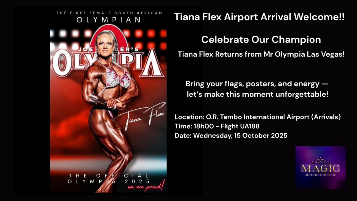 Tiana Flex-First South African women to compete at Mr Olympia. Finished 9th out of 16th. Amazing achievement for South African women. Lets give her a warm welcome back. <a href="/RoryPetzer/">Rory Petzer</a> <a href="/GaytonMcK/">Gayton McKenzie</a>