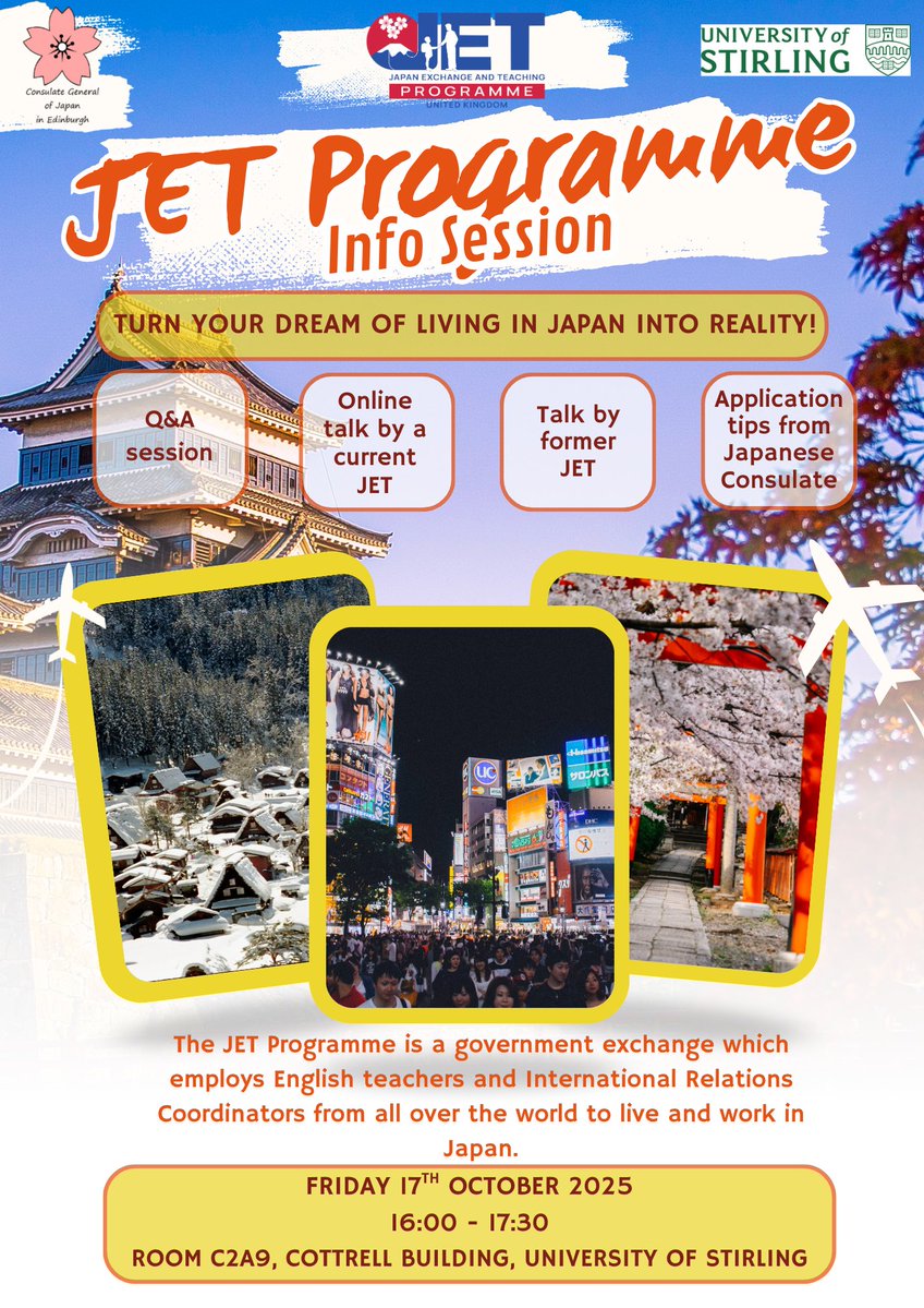 We have a few JET information sessions coming up!

🌸 University of Stirling - Friday 17th October @ 4pm-5:30pm
🌸 University of Edinburgh - Tuesday 21st October @ 2:30pm-4pm

These sessions will have talks from former JETs, tips and information about the programme.