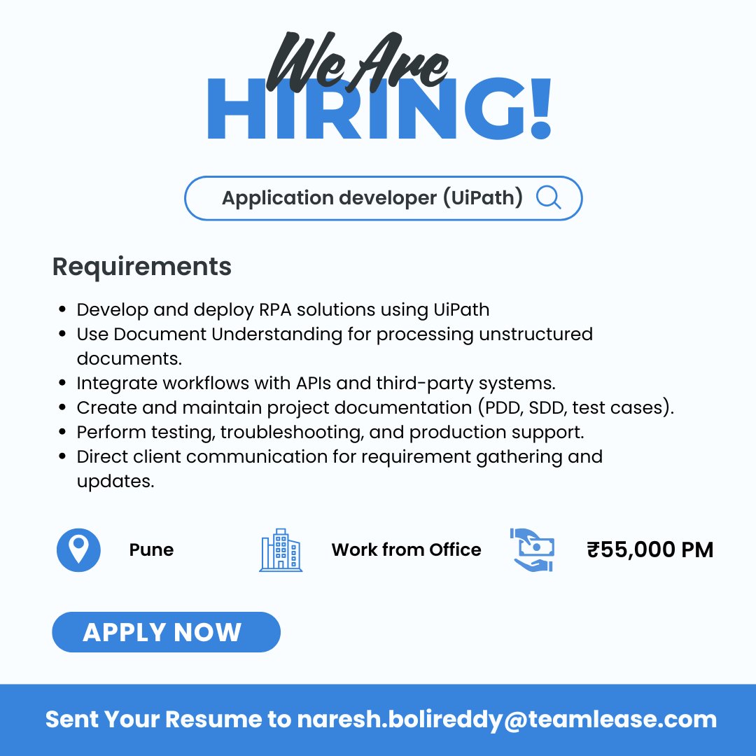 TeamLeaseDGT's tweet image. We’re Hiring: RPA Developer (Finance Domain) – Pune

Location: Pune | Work Mode: WFO | CTC: ₹55,000
Apply now: nareshbolireddy@teamlease.com

#Hiring #RPADeveloper #UiPath #FinanceJob #Automation #TechCareers #PuneJobs #TeamLeaseDigital #CareerOpportunity #JobOpening #TechTalent