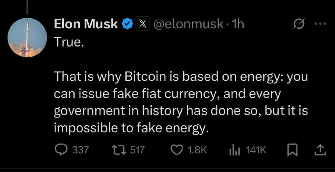 JUST IN: Bitcoin is based on energy - Elon Musk

ALTSEASON 🟩