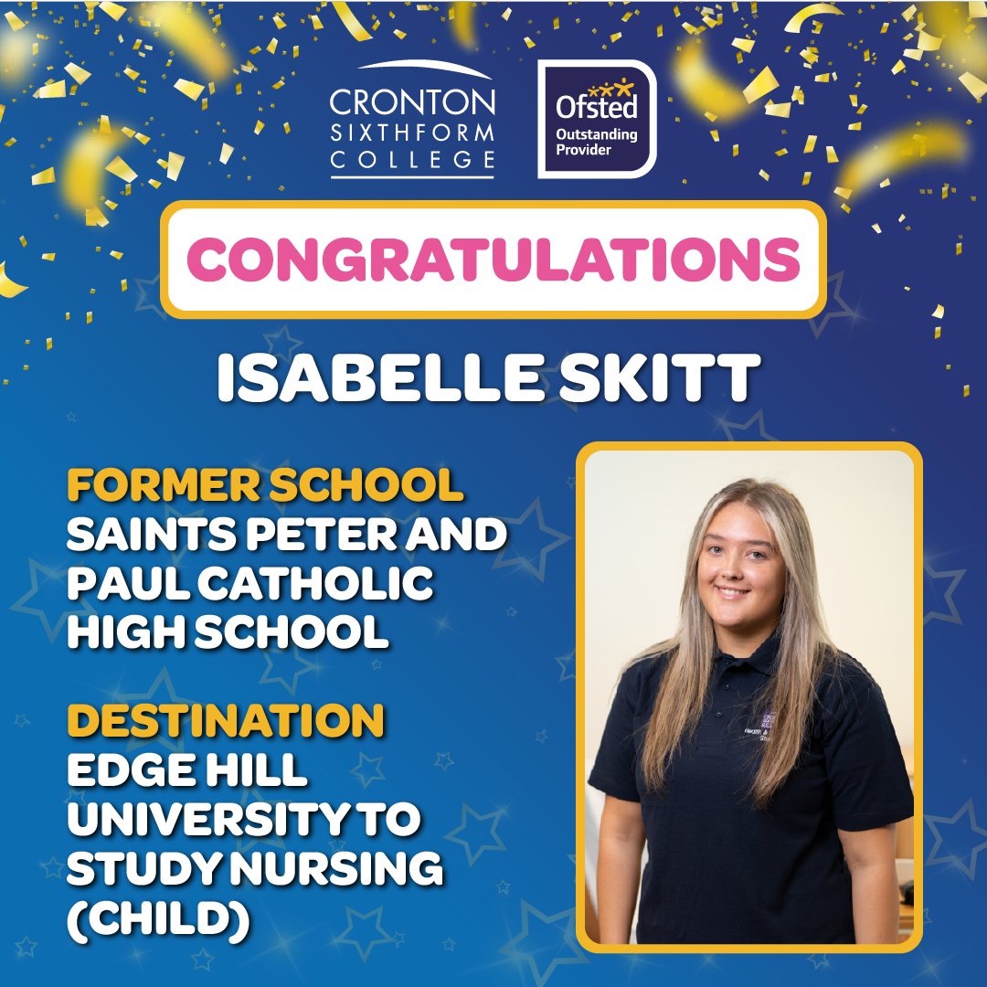 crontoncoll's tweet image. It’s #TLevelsWeek! Congratulations to the Class of 2025 – T Level Health (Nursing Cadets)!

Isabelle Skitt – @edgehill – Nursing (Child)
Jess Brown – @SalfordUni – Diagnostic Radiography 
Megan Riley – @UniversityLeeds – Nursing