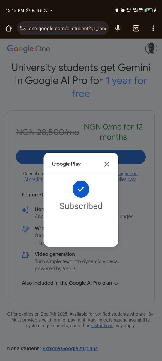 kingycode's tweet image. If you're a student, you shouldn't miss out on this free Google AI access...
I got mine already🤭
If you want the guide,
Like, retweet and comment "GOOGLE AI" and I'll DM it to you.