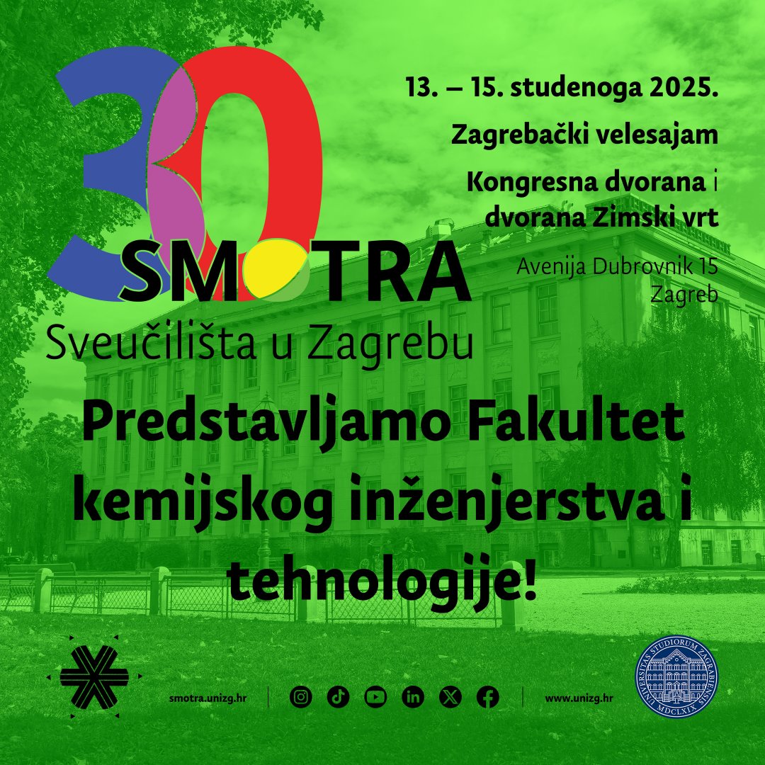 🔜 [𝟛𝟘. 𝕊𝕄𝕆𝕋ℝ𝔸 – predstavljamo Fakultet kemijskog inženjerstva i tehnologije] 🌐

ℹ️🏫 Informacije o upisu, studijskim programima i studentskom životu na FKIT-u potraži na 🔗👉 tinyurl.com/37ccphf8

🤩 𝗩𝗶𝗱𝗶𝗺𝗼 𝘀𝗲❗️

#UniZg #mojesveuciliste #smotra2025 #30smotra