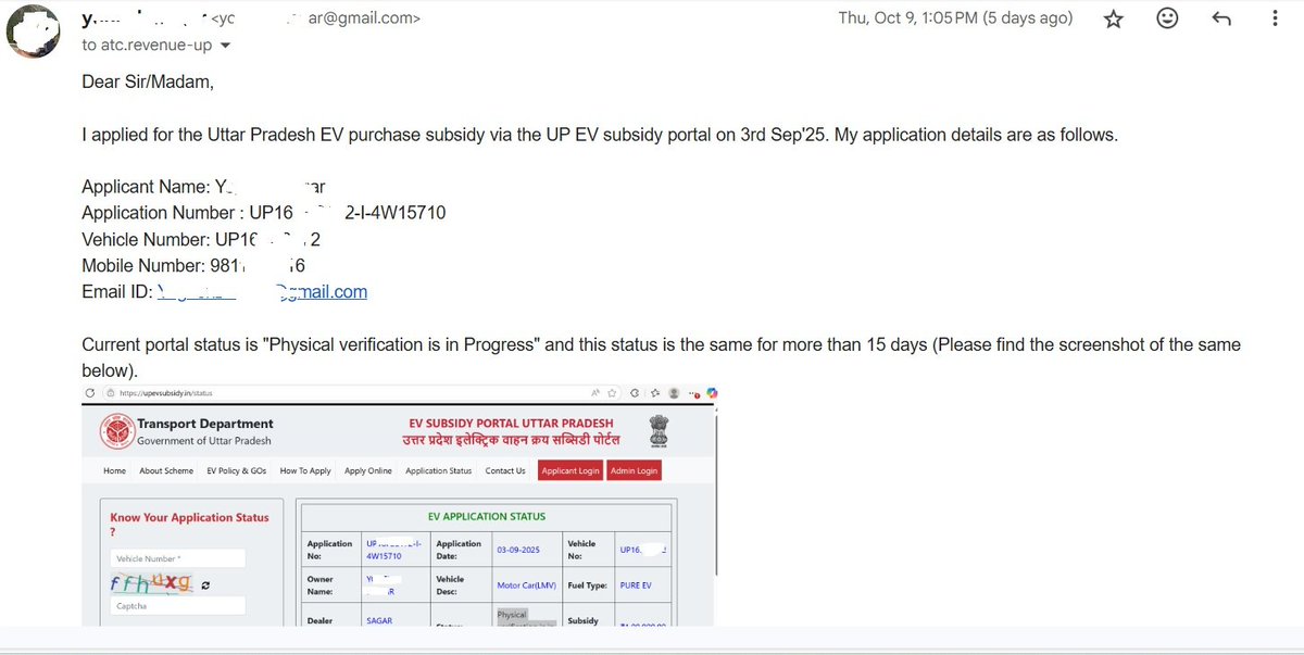 yogesh2nagar1's tweet photo. @UPGovt @uptransportdept @UPSRTCNOIDA, I hv applied 4 EV subsidy on 3 sep'25. Its status is still showing pending 4 physical verification. Have written mail 2 atc.revenue-up@nic.in but no response. Pls let me know when my subsidy will be credited 2 my a/c https://t.co/iwOMOuCK6s