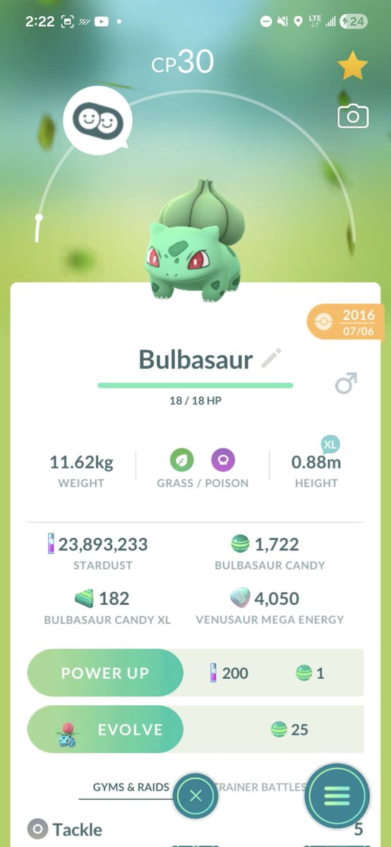 Thank you to everyone that helped me reach level 50 in Pokémon GO! It's such a dorky thing to post but it was actually fun trying to complete the last 2 levels and their challenges before they take the level 50 rewards away. This is the Bulbasaur I chose from the beginning.