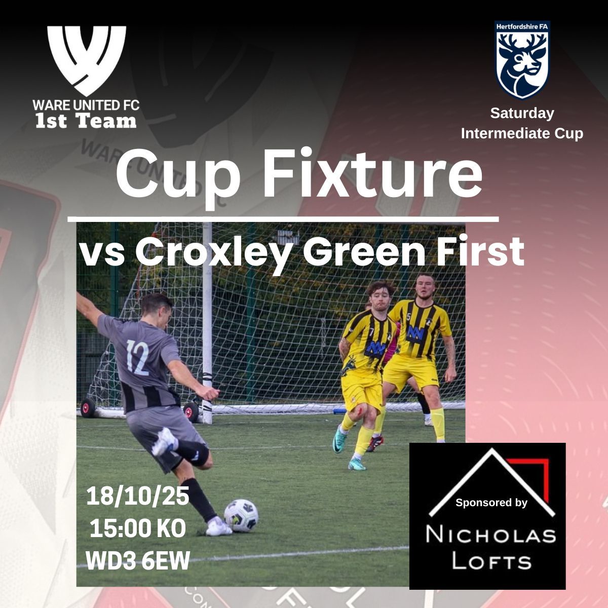 Our Firsts travel to Croxley Green First in the 2nd Round of the <a href="/HertfordshireFA/">Hertfordshire FA</a> Saturday Intermediate Cup

After a disappointing result on the weekend, they will be looking to return to winning ways as they continue their hunt for silverware

#WareUnited #Firsts #WeAreUnited