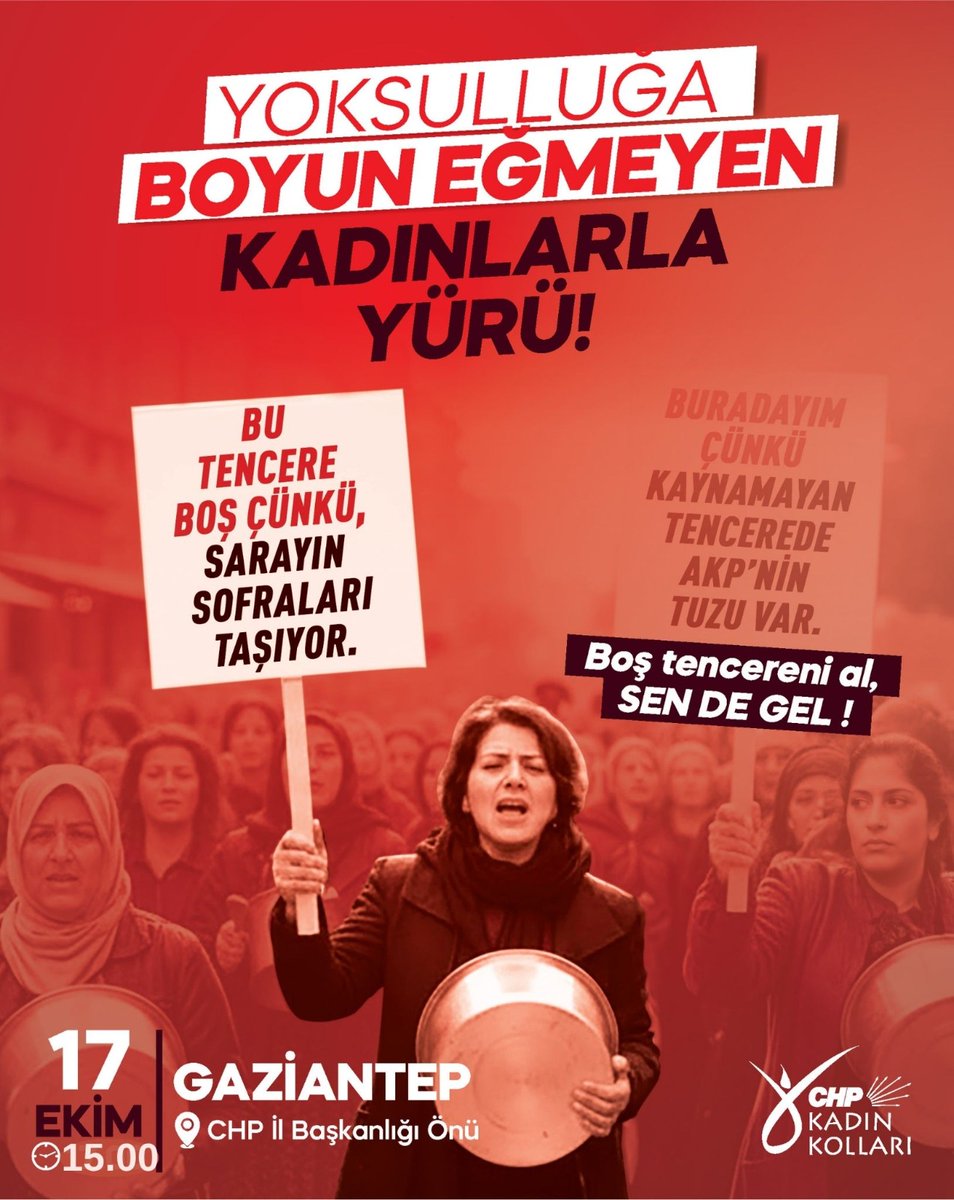CHP Gaziantep Kadın Kolları (@chpkadingantep) on Twitter photo Yoksulluğa ve adaletsizliğe boyun eğmeyen kadınlarla buluşuyoruz!
📅 17 Ekim Cuma | 15.00
📍 CHP Gaziantep İl Başkanlığı önü
➡️ Balıklı Meydanı’na yürüyüş gerçekleştirilecektir.
<a href="/AsuKaya80TBMM/">Dr.Asu Kaya</a> 
<a href="/fmugeaydeniz/">Fatma Müge Düşün</a> 
#Gaziantep Yoksulluğa ve adaletsizliğe boyun eğmeyen kadınlarla buluşuyoruz!
📅 17 Ekim Cuma | 15.00
📍 CHP Gaziantep İl Başkanlığı önü
➡️ Balıklı Meydanı’na yürüyüş gerçekleştirilecektir.
<a href="/AsuKaya80TBMM/">Dr.Asu Kaya</a> 
<a href="/fmugeaydeniz/">Fatma Müge Düşün</a> 
#Gaziantep