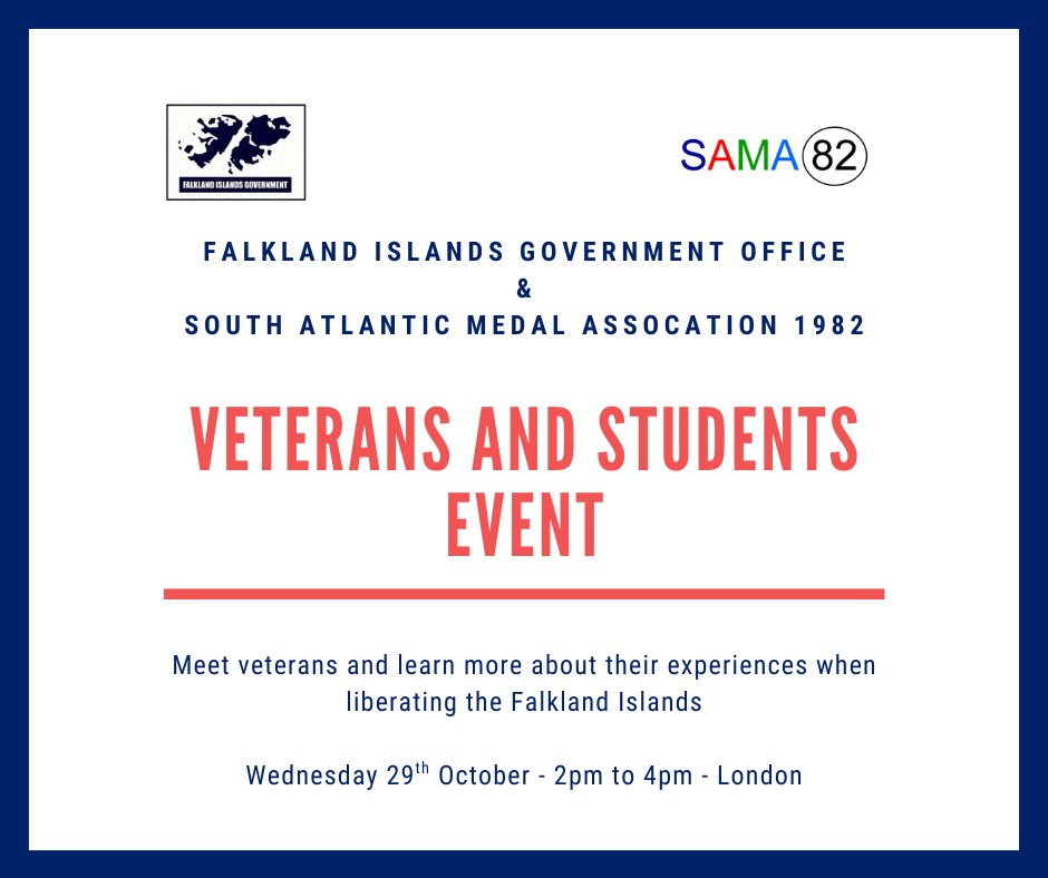 We're delighted to be holding a Veterans &amp; Students event this month alongside @SAMA82.

Bringing together young Islanders and veterans of the Falklands War, this event is open to all Falklands students in the UK. 🇫🇰🤝🇬🇧

For more info please contact: deputyrep@falklands.gov.fk