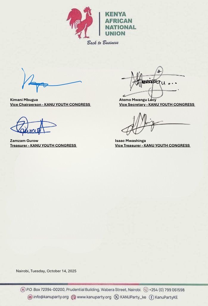 The KANU youth Congress have dissociated with the marriage between William RUTO &amp; Gideo Moi. It’s boiling nicely, the youth can no longer be used as doormats . Good job <a href="/chibekamatara/">SHANICE CHIBEKA MATARA</a> and the team.