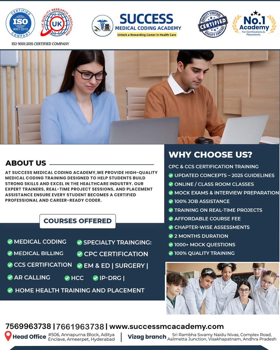 SuccessCoding's tweet image. At Success Medical Coding Academy, we Empower students with Real-time Project sessions, Expert Mentorship, & Placement Guidance
Join our ISO-Certified & No.1 Academy for Courses Like CPC, CCS, IP-DRG, AR Calling, and Medical Billing , Medical Coding , HCC
#CPC #CCS #HYD .
