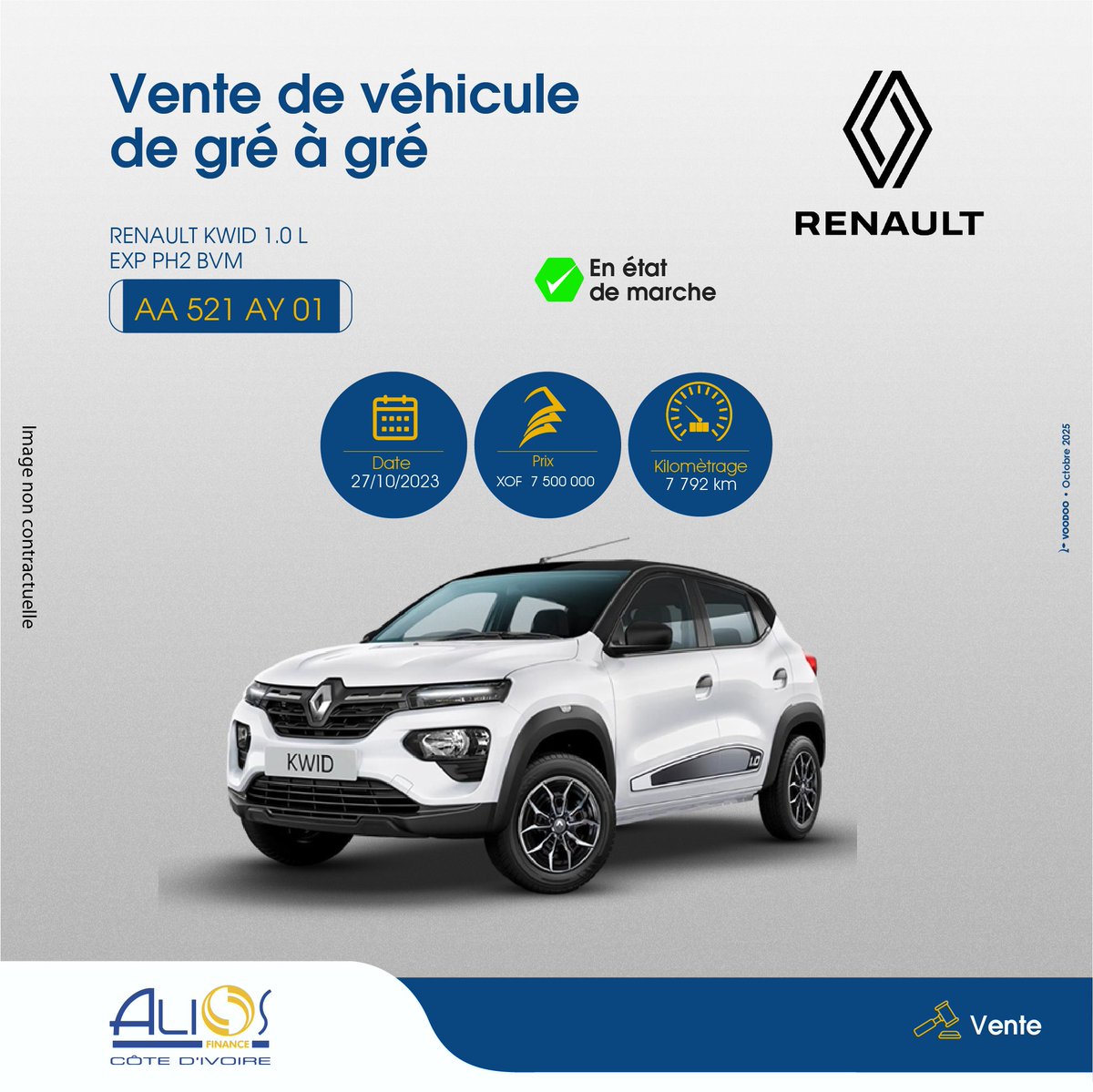 🚗 RENAULT KWID à saisir !
Alios Finance Côte d’Ivoire met en vente un véhicule fiable et économique.
💰 7 500 000 FCFA
⏳ Offre valable jusqu’au 21/10/2025

📩 Candidature : propositionachats.ci@alios-finance.com
📍 Zone 3B, Abidjan
#AliosFinance #RenaultKwid #CIV