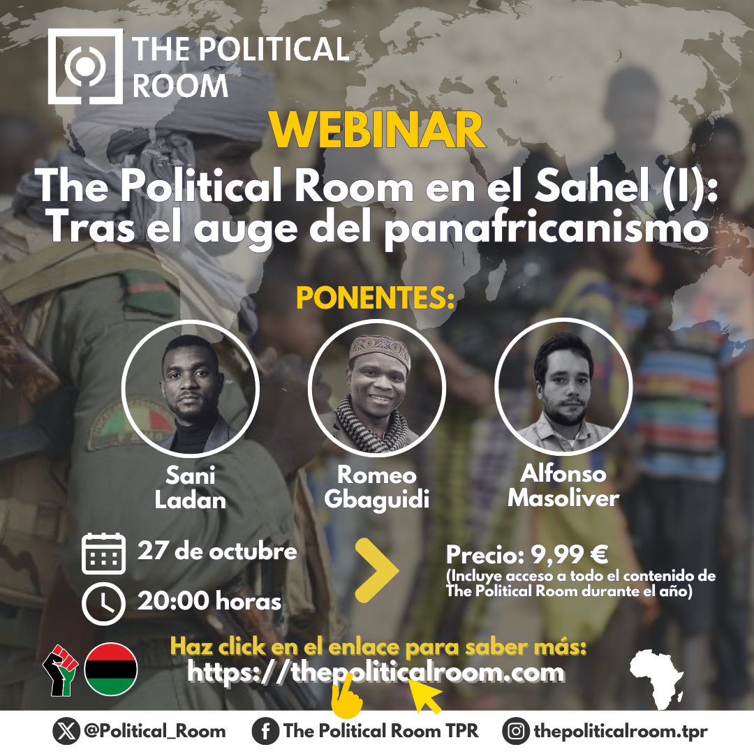 Planazo el que se viene con <a href="/Political_Room/">The Political Room</a>. Vamos a hacer durante los próximos meses una serie de webinars sobre la situación en el Sahel. El primero tratará el auge de los panafricanismos. 

Com <a href="/saniladan12/">Sani Ladan</a> y <a href="/RomeoGbaguidi/">Romeo Gbaguidi</a> como invitados (junto con servidor). Apunten fecha.