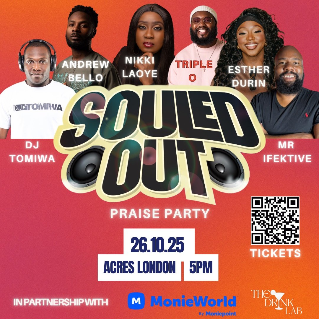 Get ready for SOULED OUT Praise Party on 26.10.25! Live performances by <a href="/NikkiLaoye/">Nikki Laoye</a>, <a href="/TripleOmusic/">Triple O</a>, <a href="/EstherDurin/">ESTHERDURIN</a> &amp; <a href="/Belloarea1/">𝕬𝖓𝖉𝖗𝖊𝖜 𝕭𝖊𝖑𝖑𝖔</a>. <a href="/DJ_Tomiwa/">DJ Tomiwa</a> spinning the hottest Christian hits. Perfect for date night, family fun, or solo vibes! Early bird tickets available. 

Book now >>>