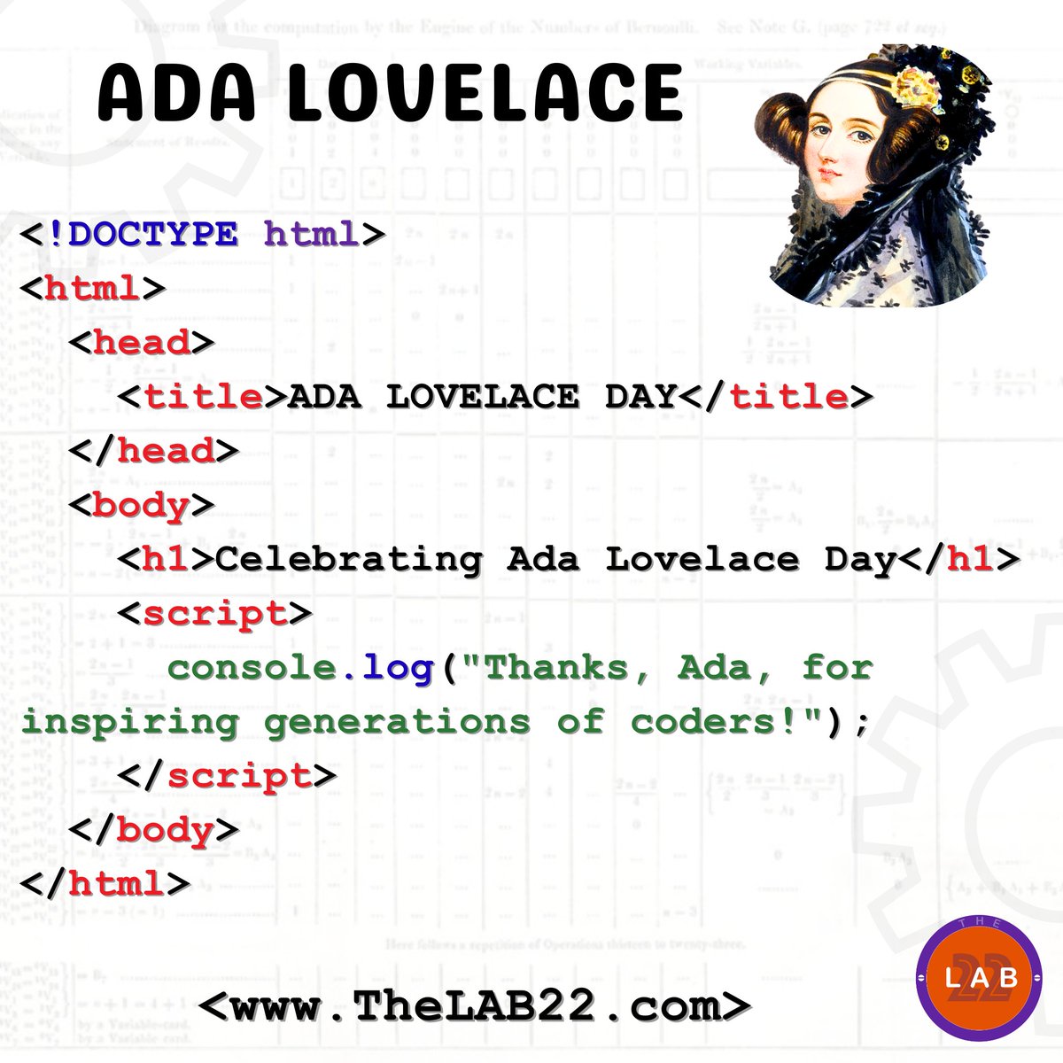 TheLab22STEM's tweet image. 💻 Ada Lovelace Day 2025 — 14 October 💻

Celebrating the visionary who inspired generations of coders to imagine what machines could become. 💡

👩‍💻As a woman in the 19th century, she paved the way for generations of women in STEM to follow. 💡✨