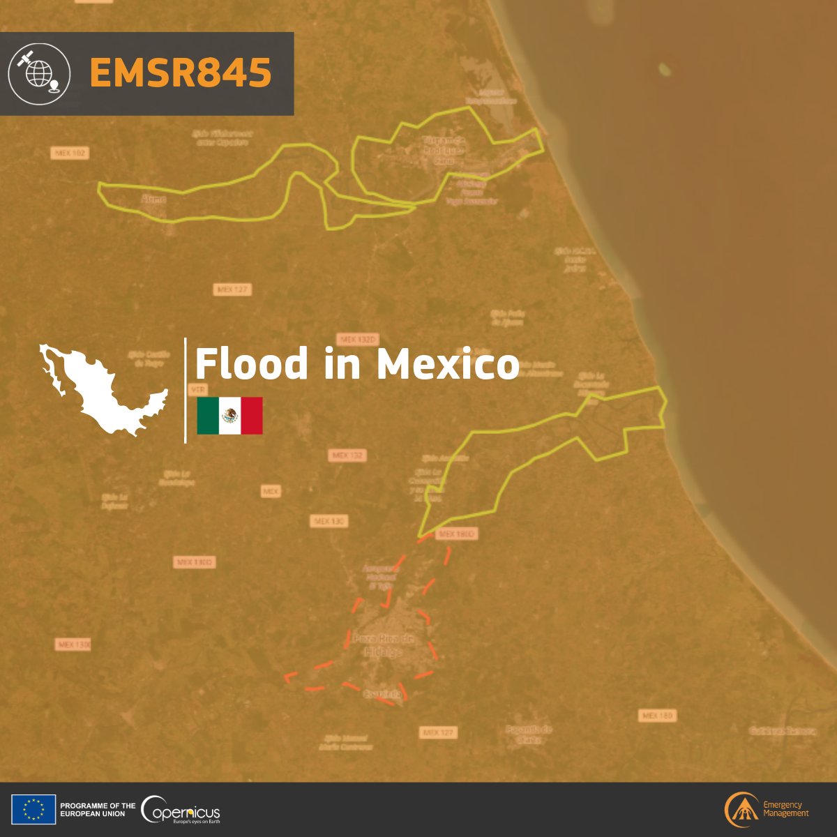 🌊 #EMSR845 - Flood in Mexico 🇲🇽

On 11 October 2025, heavy rains are reported in #Mexico. The event is ongoing, causing severe #flooding and #landslides.

Mexican authorities asked our #MappingTeam to produce flood extent emergency maps.

🔗 rapidmapping.emergency.copernicus.eu/EMSR845/report…