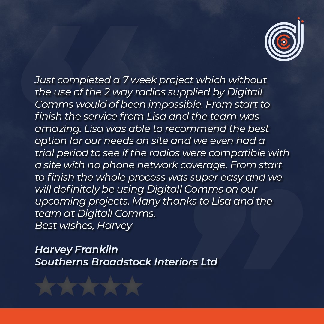 Another brilliant review! 🌟

We’re always proud to hear how our team supports our customers and this time the spotlight’s on Lisa for her outstanding service.

Check out the testimonial below 👇

#DigitallComms #CustomerFeedback #TwoWayRadios #WalkieTalkies #BodyCameras