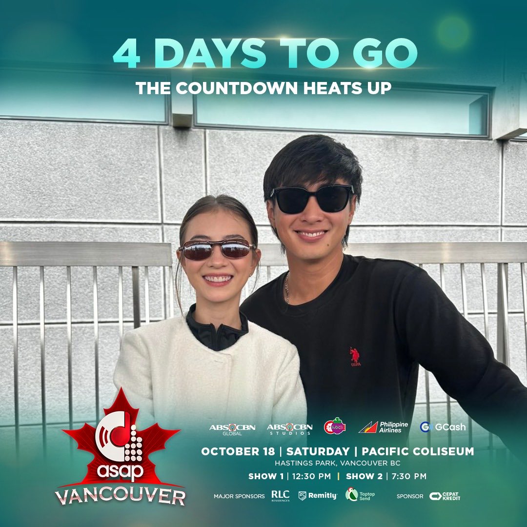 Siguradong kilig moments ang handog nina JM Ibarra at Fyang Smith para sa mga Kapamilyas in Vancouver!

OTW na sila! Kita-kits! ✨💛

2 UNIQUE SHOWS, SPECTACULAR DAY!

See you on Oct 18 at the Pacific Coliseum for ASAP in Vancouver!

GET YOUR TICKETS NOW
👉