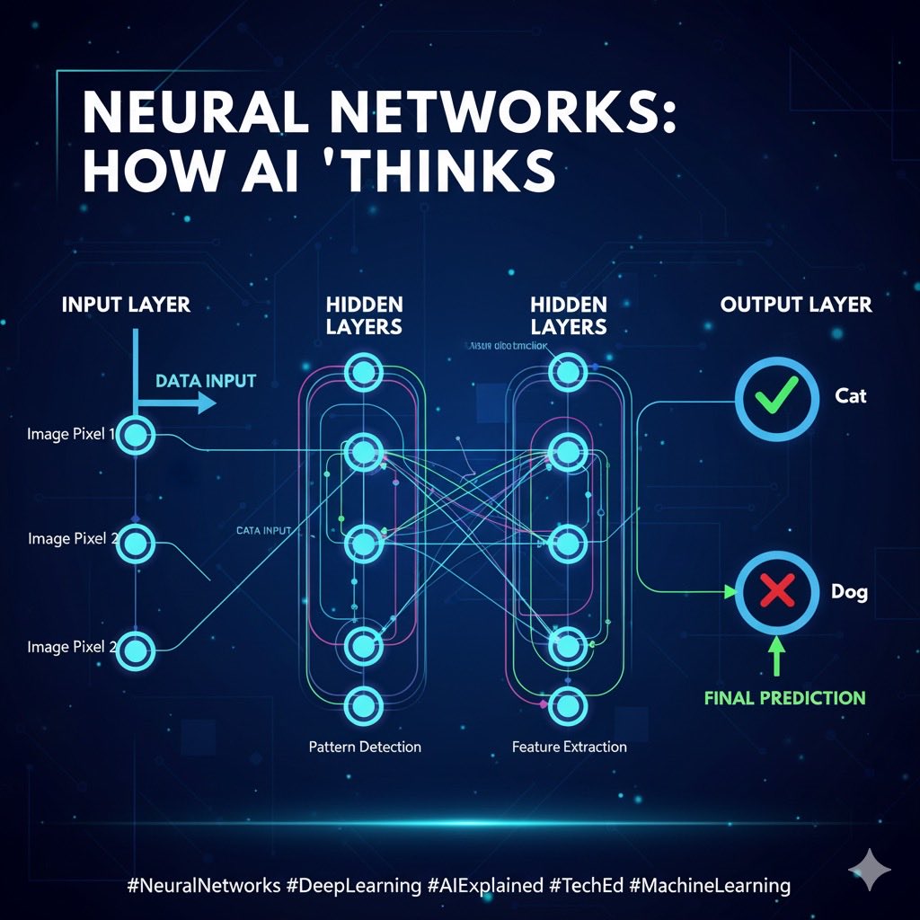 AliAlkhuzaee_'s tweet image. Ever wonder how AI "thinks"? 🤔 Meet Neural Networks!
Inspired by the human brain 🧠, neural networks are layers of interconnected "nodes" that process information.
• Input Layer: Receives data (like pixels in an image).
#NeuralNetworks #DeepLearning #AIExplained #HowAIWorks