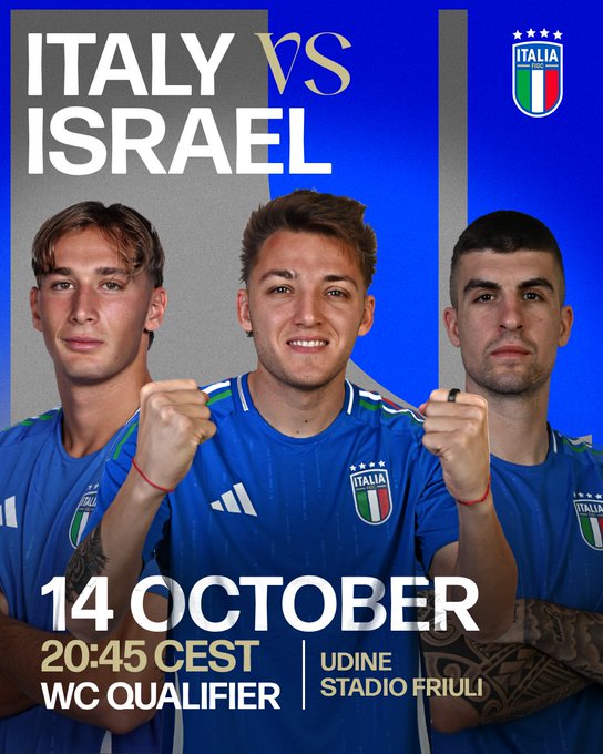 Graphic with Italian flag on right and blue background split by versus line, left side shows three young male football players in blue Italy national team jerseys with green and white stripes, white shorts, and wristbands, standing side by side with serious expressions and right fists clenched raised at chest level, text overlay reads ITALY vs ISRAEL at top, 14 October below players, 20:45 CEST at bottom left, UDINE FRIULI WC QUALIFIER STADIO at bottom right.