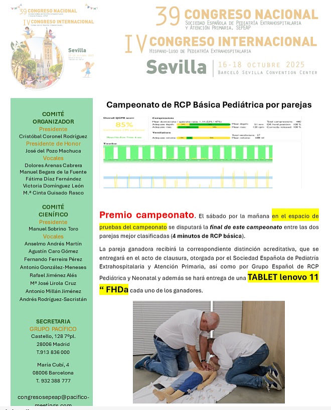 El próximo día 18 de octubre previo a la clausura del congreso de la @sepeappediatria tendrá lugar un campeonato de #rcp básica en la que dos parejas competirán por ser los mejores. Miembros del @gercppyn_ serán los encargados de que todo se desarrolle sin incidencias.