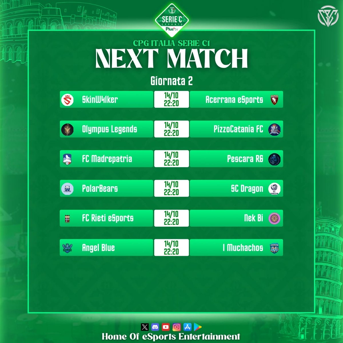 🏆 CPG Italia
⚽️ Serie C
📊 Accoppiamenti
🗓️ Giornata 2

<a href="/Gabry_Dra/">Sc Dragon</a>
@Pizzocatania_FC
@acerranaesports
<a href="/PescaraR6/">PESCARA R6</a>
<a href="/Imuchachos2024/">🤍🩵⚽I Muchachos⚽🩵🤍</a> 
<a href="/bordo_campo/">bordo campo</a>
@MadrePatriaes
@PolarBearspclub
@Matteocaro00
<a href="/Les_cochambres/">NEKBI</a>
@olympus_legend
<a href="/skinw4lkerr/">skinw4lker</a>