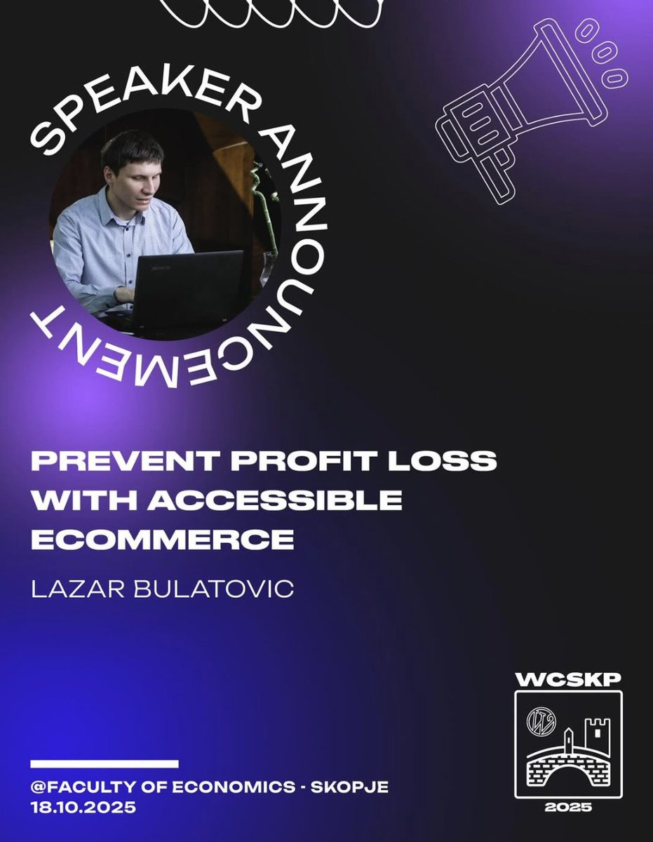 wcskp's tweet photo. SPEAKER ANNOUNCEMENT- Lazar Bulatović
Topic: Prevent Profit Loss with Accessible eCommerce

🌍 Be part of the change — get your ticket now!
#WordCampSkopje #WCSKP2025 #SpeakerAnnouncement #Accessibility #Ecommerce #WordPress #InclusiveDesign #UX #WPSpeaker #DigitalInclusion https://t.co/BcyhsG0L4L