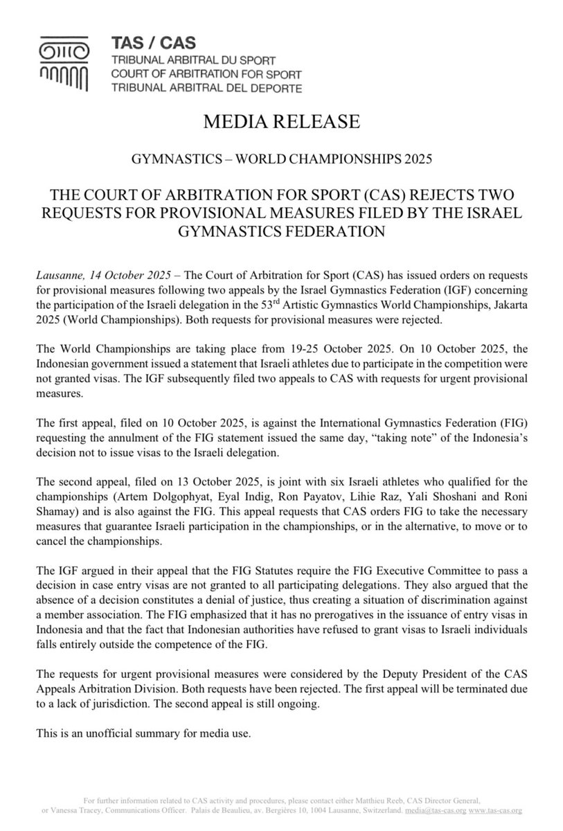 CAS has rejected the Israel Gymnastics Federation’s two requests for provisional measures 

Decision: tas-cas.org/fileadmin/user…