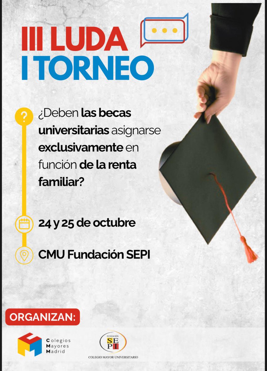 ⌛️ Ya falta muy poco para el inicio de la III Liga Universitaria de Debate Académico #LUDA, que lo hará en nuestro Colegio Mayor Universitario los días 24 y 25 de octubre.
¡Te esperamos en el SEPI!
👉asociacioncm.es/actividad/luda…

#CMUFundaciónSEPI #UnMayorEsMás➕ #DebateUniversitario