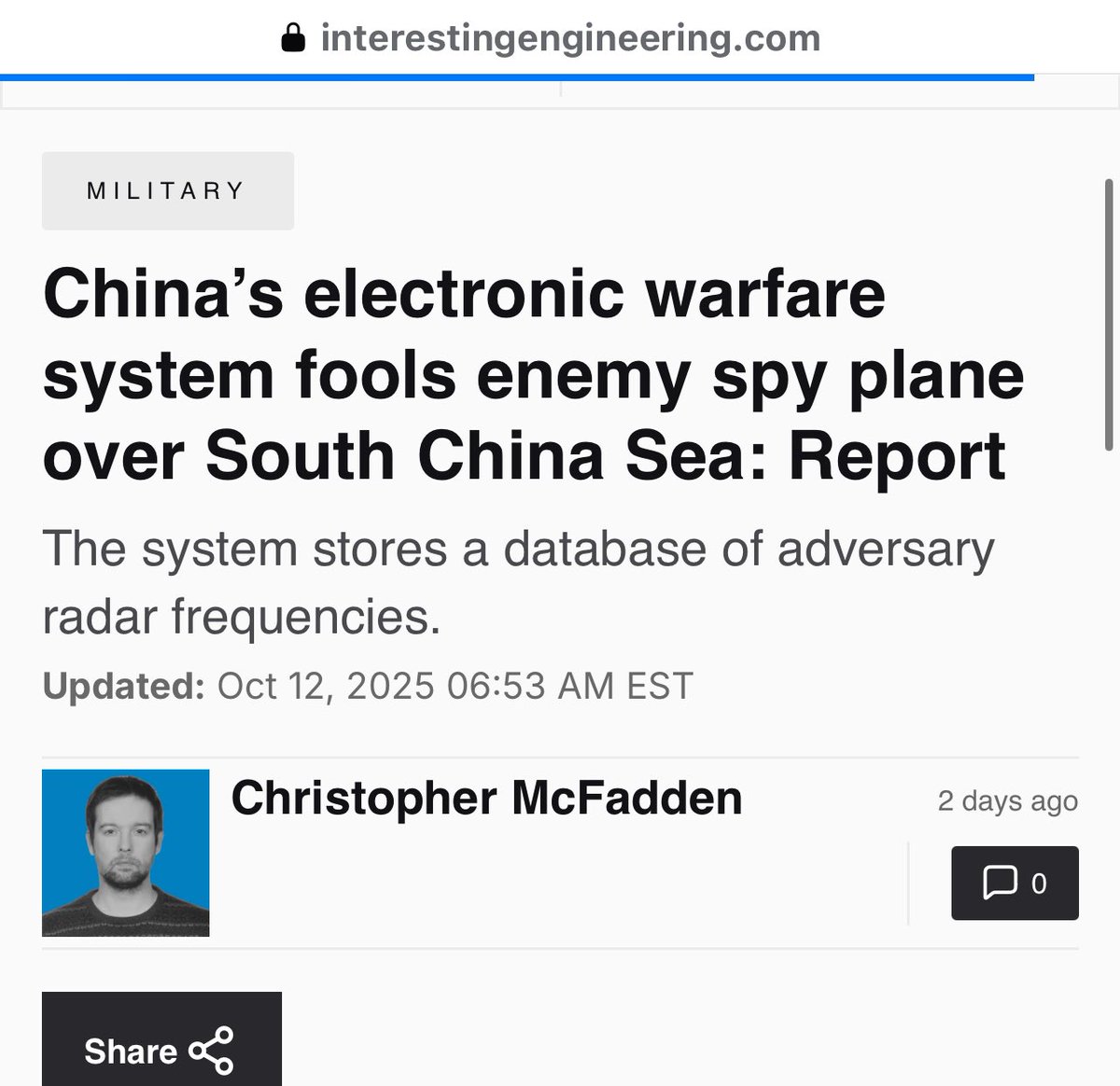SITREP PH (@sitrepph) on Twitter photo According to Chinese sources, one of its electronic warfare (EW) systems has successfully deceived a foreign spy plane over the South China Sea. No mention is made of which kind of aircraft or its nation of origin, but the aircraft was likely American or one of its allies. According to Chinese sources, one of its electronic warfare (EW) systems has successfully deceived a foreign spy plane over the South China Sea. No mention is made of which kind of aircraft or its nation of origin, but the aircraft was likely American or one of its allies.