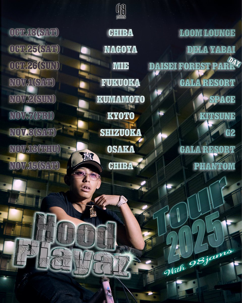 eyden "Hood Playaz" TOUR2025
With 98jams

10.18  CHIBA - LOOM LOUNGE
10.25 NAGOYA - DELA YABAI
10.26 MIE - DAISEI FOREST PARK/DAY
11.1 FUKUOKA - GARA RESORT
11.2 KUMAMOTO - SPACE
11.7 KYOTO - KITSUNE
11.8 SHIZUOKA - G2
11.13 OSAKA - GARA RESORT
11.15 CHIBA - PHANTOM