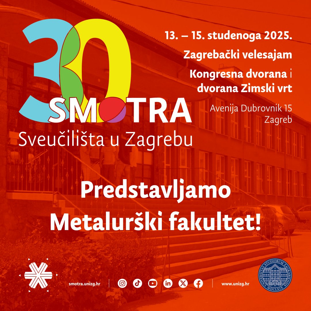 🔜🎊 [𝟛𝟘. 𝕊𝕄𝕆𝕋ℝ𝔸 – predstavljamo 𝗠𝗲𝘁𝗮𝗹𝘂𝗿𝘀̌𝗸𝗶 𝗳𝗮𝗸𝘂𝗹𝘁𝗲𝘁] 🕵️‍♀️🌐

ℹ️🏫 Informacije o upisu, studijskim programima i studentskom životu na Metalurškom fakultetu potraži na 🔗👉 studenti.simet.hr

🤩 𝗩𝗶𝗱𝗶𝗺𝗼 𝘀𝗲❗️

#UniZg #mojesveuciliste #30smotra
