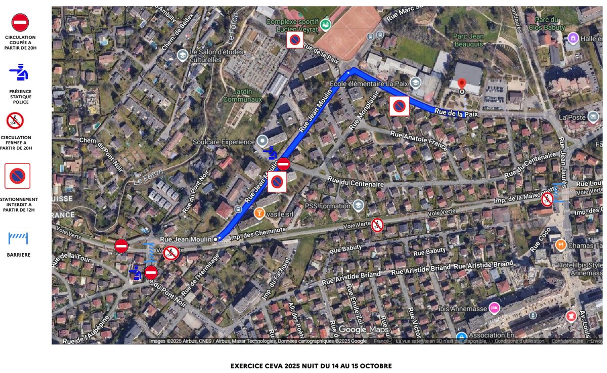 🚨En raison de l'exercice #CEVA, la circulation sera interrompue dès 20h sur #Ambilly, rues Jean Moulin &amp; du Pont Noir (sauf riverains).  

🚲voie verte fermée .
🚗stationnement interdit dès 12h rue de la Paix &amp; &amp; Jean Moulin.

+ d'infos : haute-savoie.gouv.fr/Actualites/Exe…
⤵️