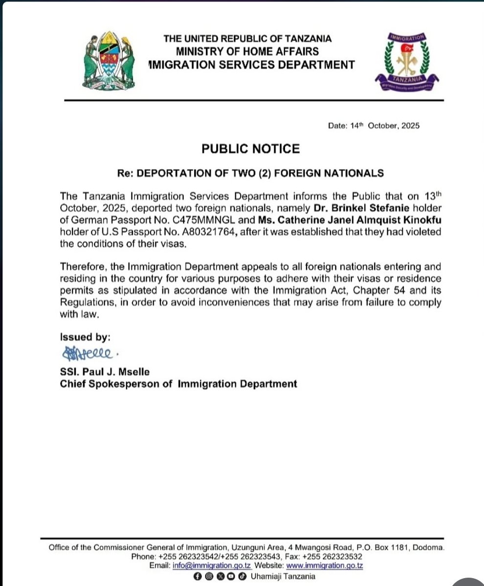 Tanzania has deported a German national Dr. Stefanie Brinkel for allegedly ‘violating visa terms’ 

Stefanie works for Konrad-Adenauer-Stiftung, the foundation closely associated with 🇩🇪  Christian Democratic Union (CDU) which has close ties with 🇹🇿 main opposition party CHADEMA