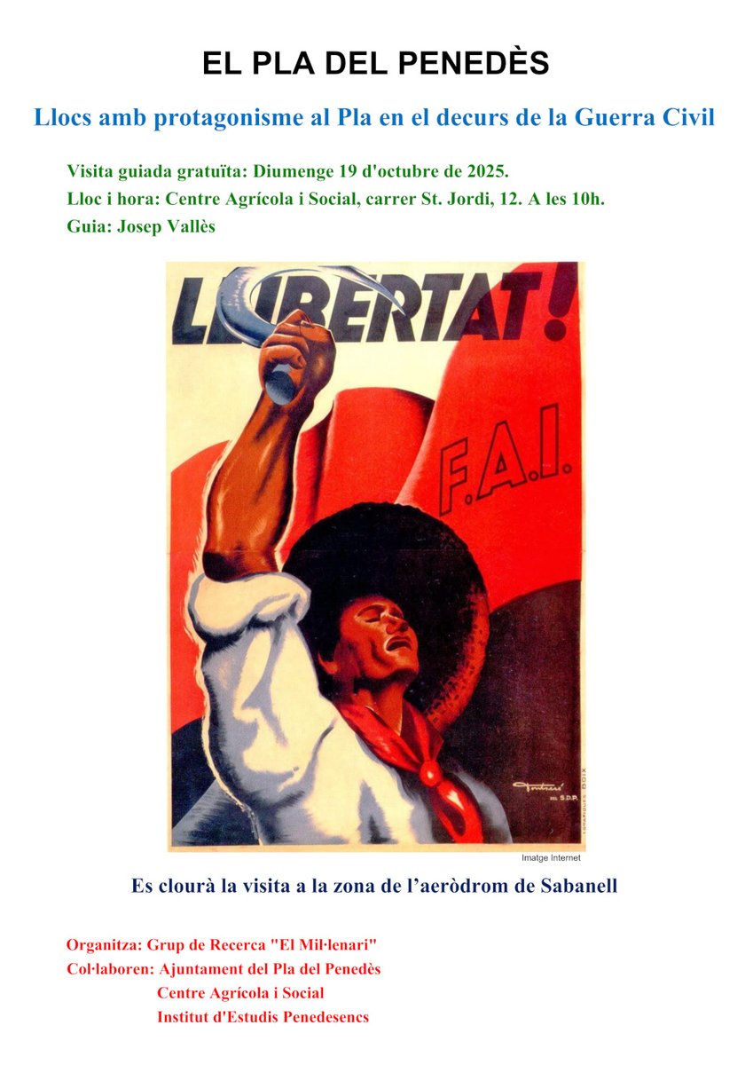 Llocs amb protagonisme al Pla en el decurs de la Guerra Civil

🗓️ 19 d'octubre 2025
🕒 10:00 hores
🏫 Centre Agrícola i Social
📌 El Pla del Penedès

🚶‍♂️‍➡️ Guia: Josep Vallés

🛩️ Es clourà la visita a zona de l'aeròdrom de Sabanell

Organitza: Grup de recerca "El Mil·lenari"