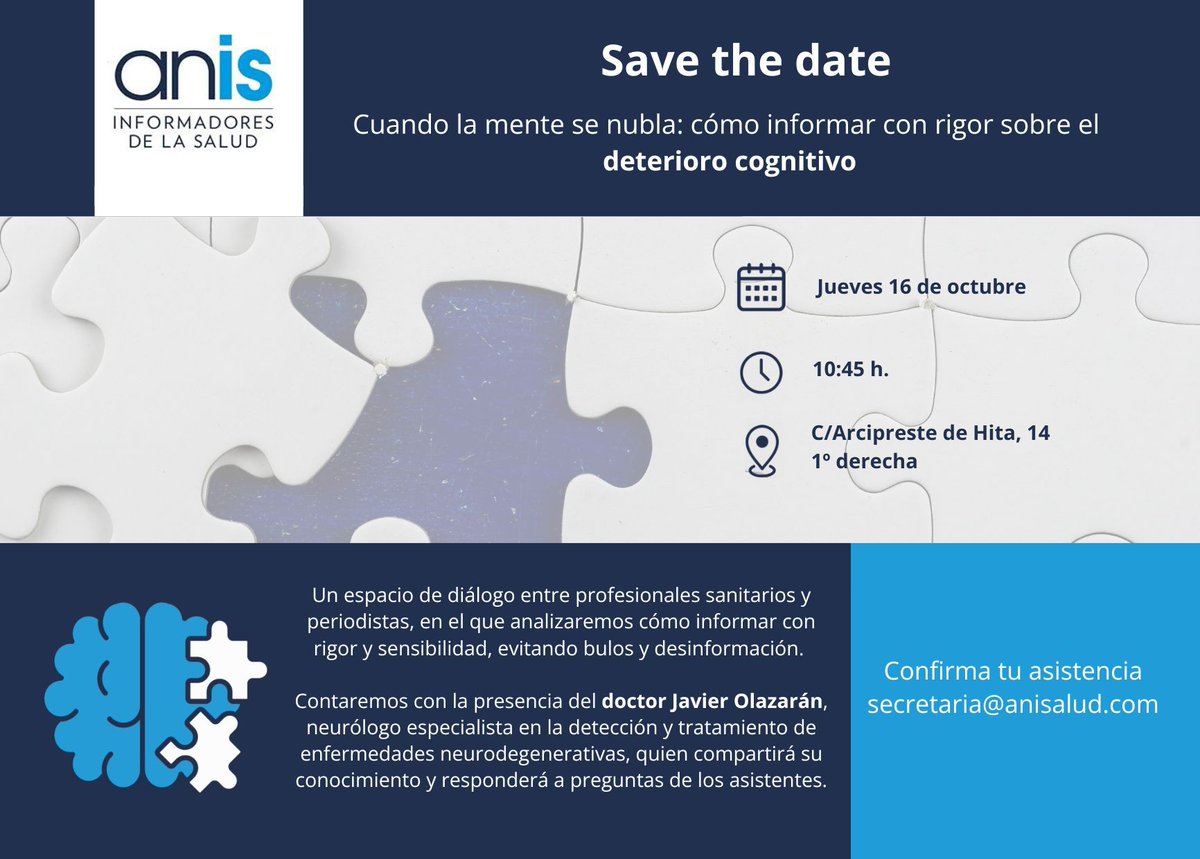 anisalud's tweet image. Taller para #periodistas #comunicadores
Cuando la mente se nubla: cómo informar con rigor sobre el deterioro cognitivo. Con el Dr. Javier Olazarán
Te esperamos. Confirma asistencia en 👇secretaría@anisalud.com
#neurociencia #deteriorocognitivo #informadores #salud #neurologia