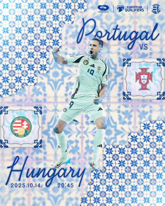 Graphic poster for UEFA 2025 10 14 qualifiers match between Portugal and Hungary featuring a Hungarian male soccer player in light blue away jersey with number 9 and dark pants jumping in celebration with arms raised mouth open on a blue background with white Portuguese azulejo tile patterns Hungarian flag emblem on left Portuguese flag on right text Portugal vs Hungary in blue script Estadio Jose Alvalade venue and 20:45 time not visible but contextually implied.