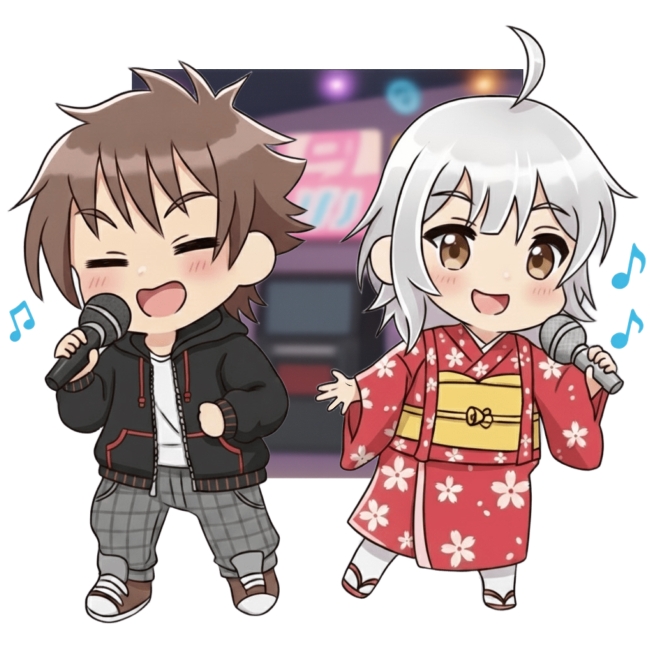 おはようございます！🎤🎶
現代風と可愛い和服の衣装で、楽しく歌ってるSDキャラ（ちびキャラ）です✨ 
 
背景も入れてライブ感を出してみました！
この二人の歌、聴いてみたいですね😊

今日も元気に行ってらっしゃい(о´∀`о)
#イラスト #ミニキャラ #ミニキャラ日常 #可愛い #イラスト好きな人